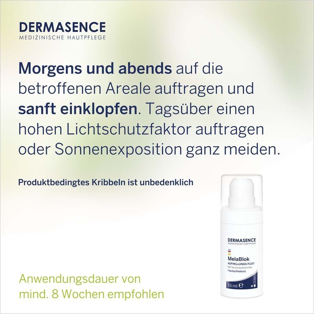 Weiße Flasche mit Pumpkopf. Aufschrift: DERMASENCE MelaBlok, 15 ml. Text: Morgens und abends auftragen.