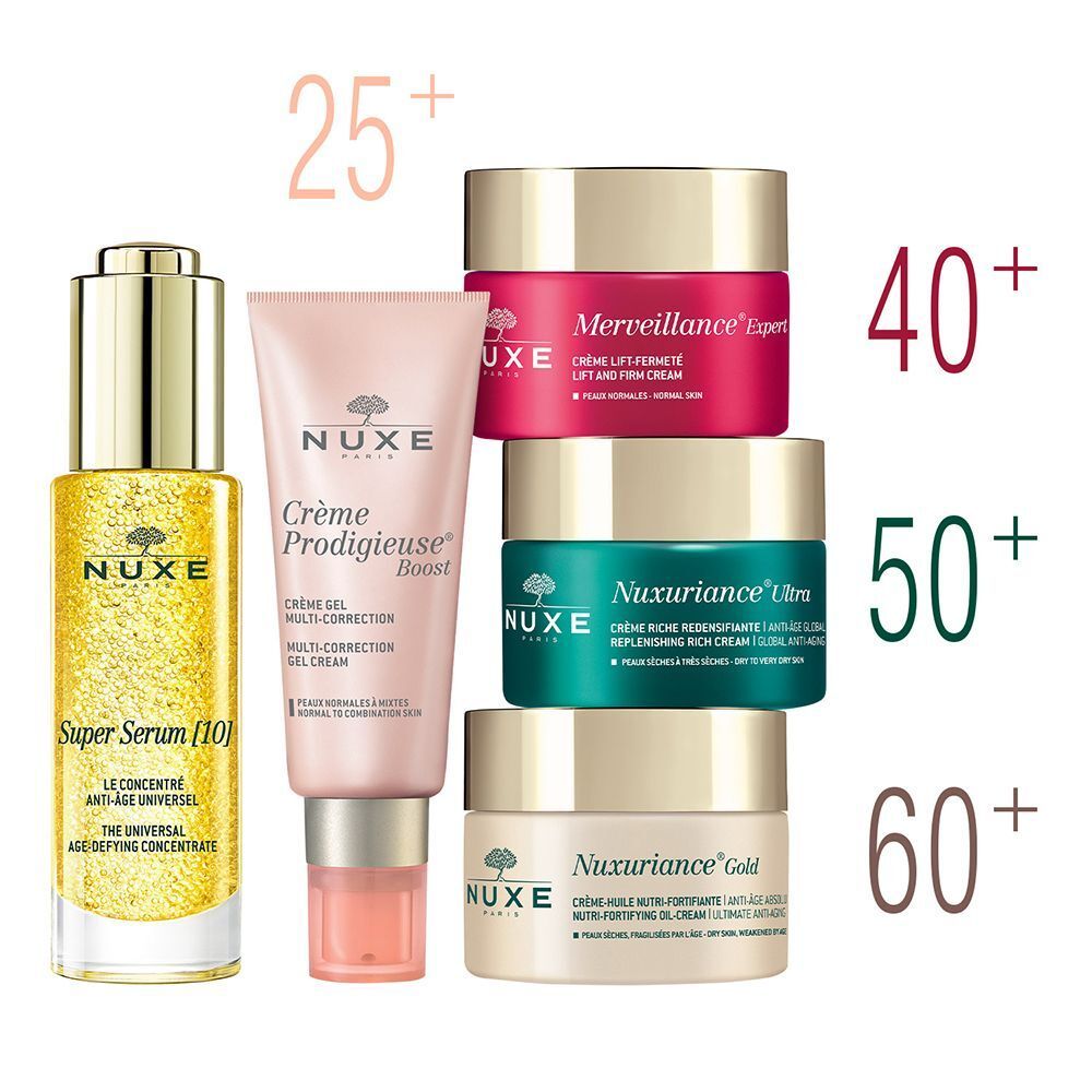 NUXE Produkte: Super Serum [10], Crème Prodigieuse Boost, Merveillance Expert, Nuxuriance Ultra, Nuxuriance Gold. Altersangaben.