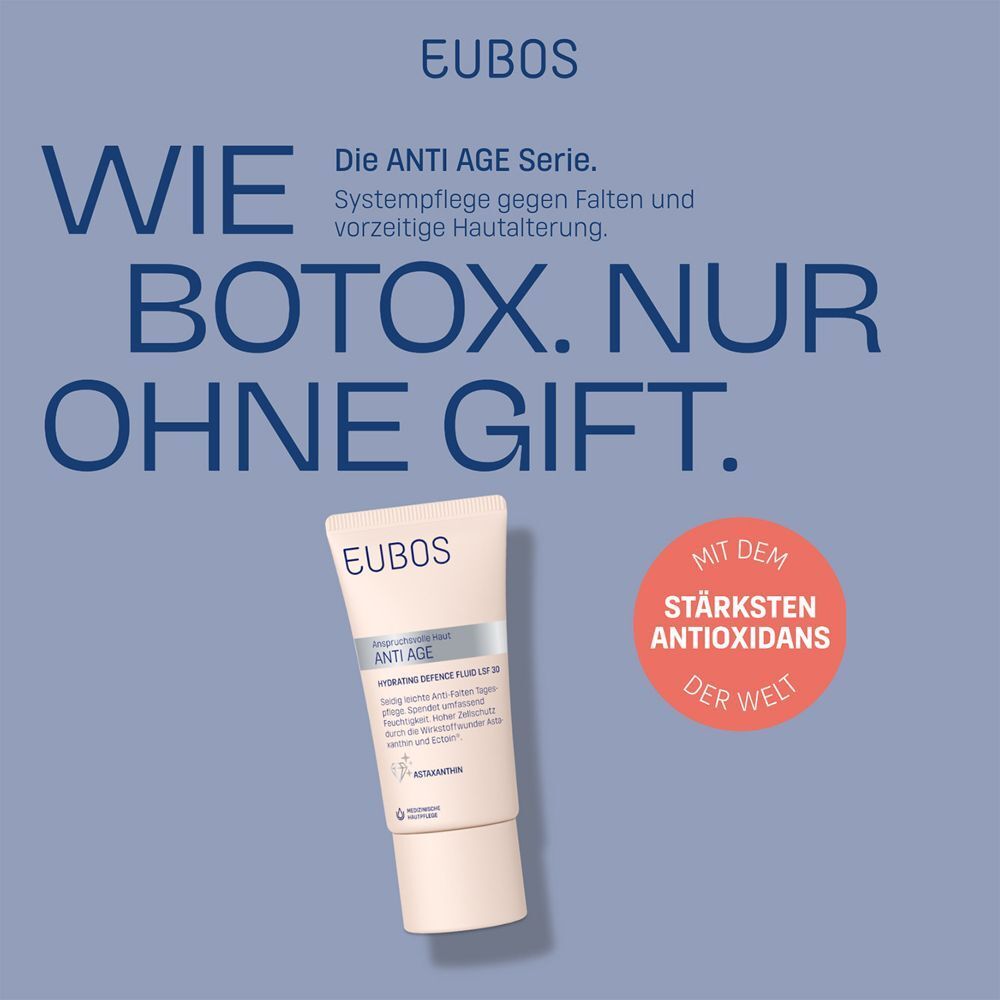 EUBOS ANTI-AGE Hydrating Defence Fluid LSF 30 Tube. Text: Wie Botox. Nur ohne Gift. Mit Antioxidans.