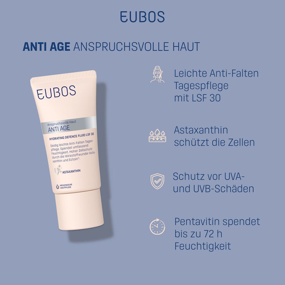 EUBOS ANTI-AGE Hydrating Defence Fluid LSF 30 Tube. Text: Leichte Anti-Falten Tagespflege mit LSF 30.