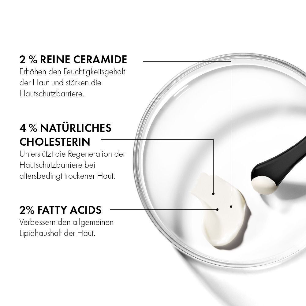 Inhaltsstoffe: 2% Ceramide, 4% Cholesterin, 2% Fettsäuren. Creme auf Glasplatte. Schwarzer Applikator.
