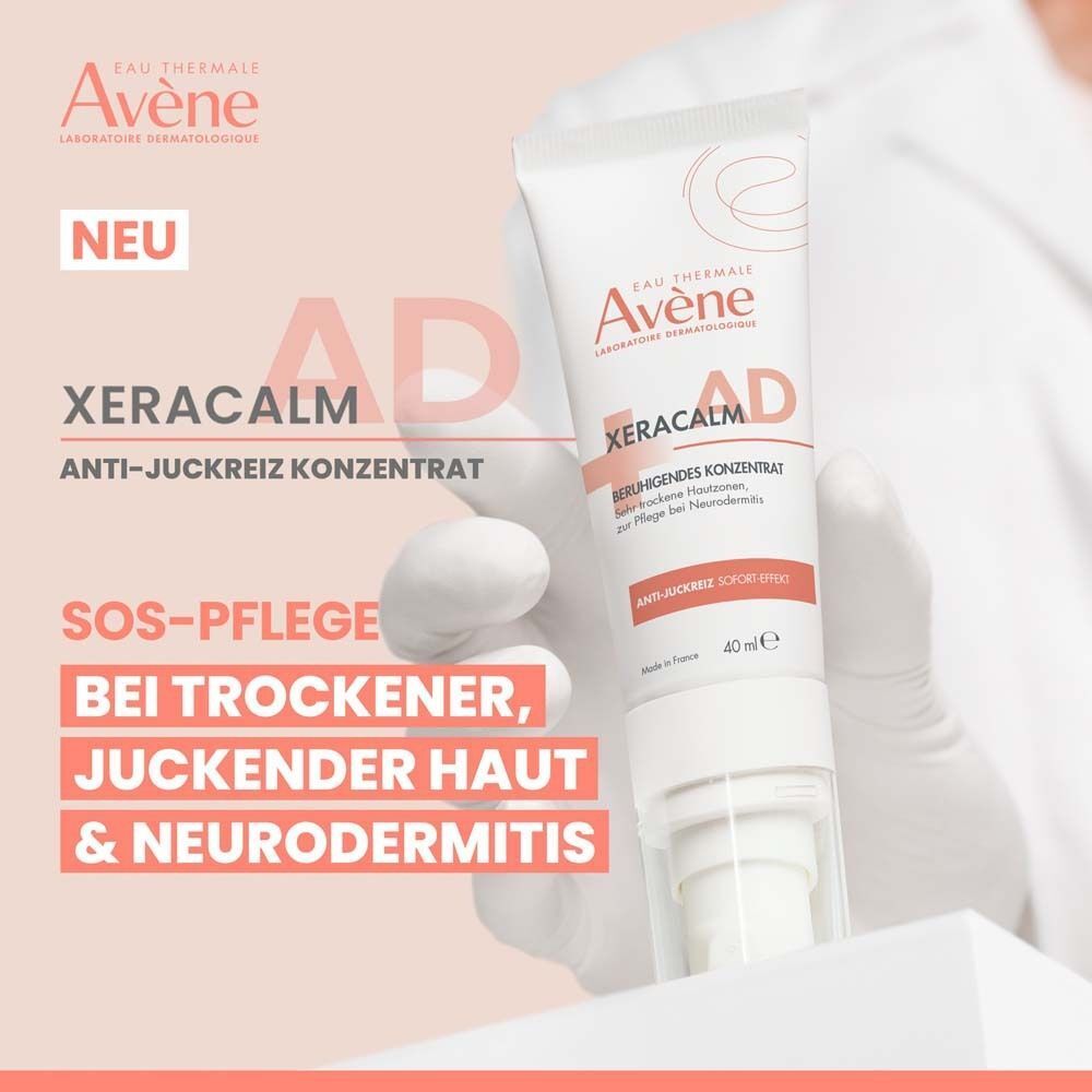 AVENE XeraCalm A.D Anti-Juckreiz Konzentrat. Weiße Tube mit rosa Akzenten. Text: SOS-Pflege bei trockener, juckender Haut.