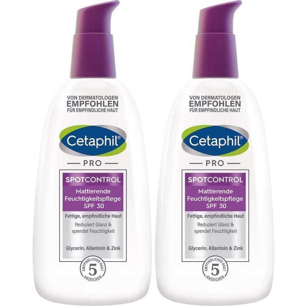 Zwei Flaschen CETAPHIL Pro Spotcontrol. Weiße Flaschen mit lila Pumpdeckel. Text: Spotcontrol, SPF 30.