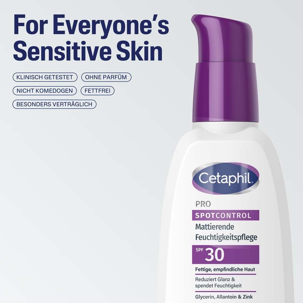 Flasche CETAPHIL Pro Spotcontrol mit lila Deckel. Text: Für empfindliche Haut. Klinisch getestet, ohne Parfum, nicht komedogen, fettfrei.