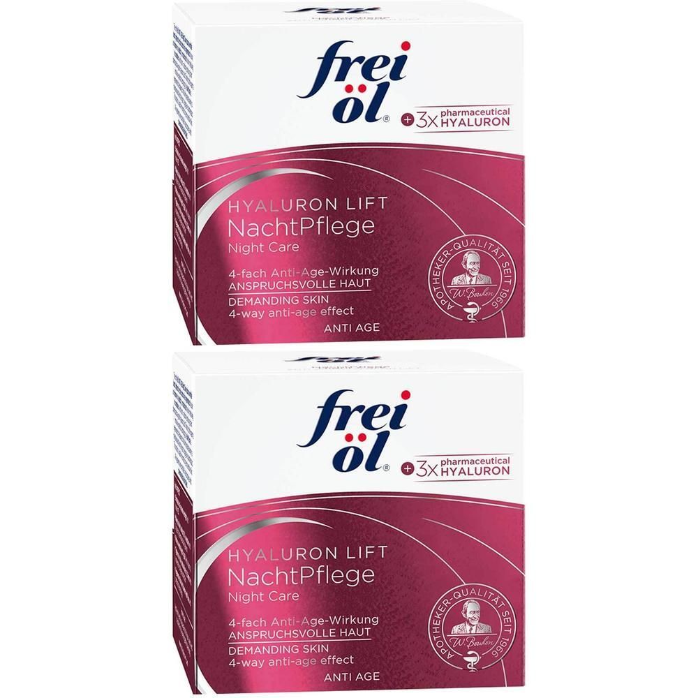 Zwei Schachteln FREI ÖL Anti-Age Hyaluron Lift NachtPflege. Weiße Verpackung mit rotem und bordeauxfarbenem Design. Text: Hyaluron Lift NachtPflege.