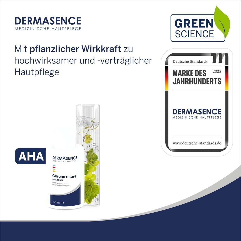 DERMASENCE Chrono retare AHA Toner Flasche. Grün-weißes Etikett. Green Science Logo. Auszeichnung 'Marke des Jahrhunderts'.