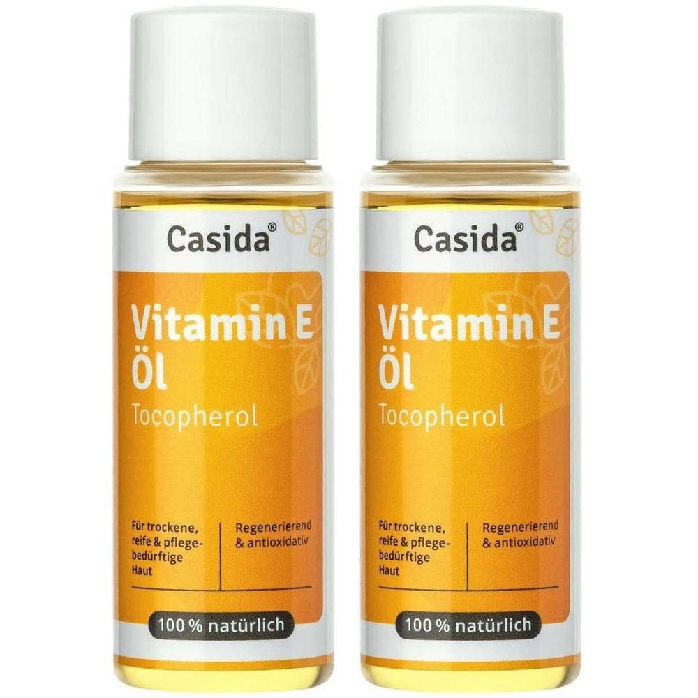 Zwei Flaschen Vitamin E Öl. Aufschrift: Casida, Vitamin E Öl, Tocopherol, 100% natürlich. Für trockene, reife & pflegebedürftige Haut.