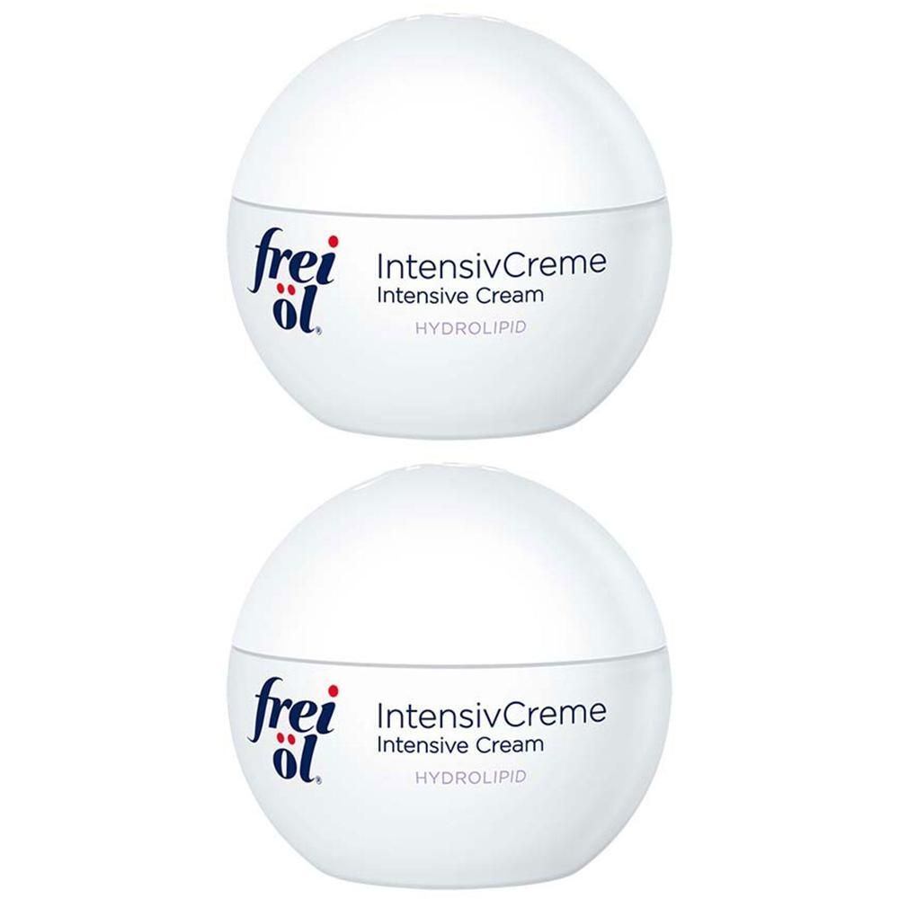 Zwei weiße Tiegel mit Deckel. Aufschrift: frei öl, IntensivCreme, HYDRO LIPID.