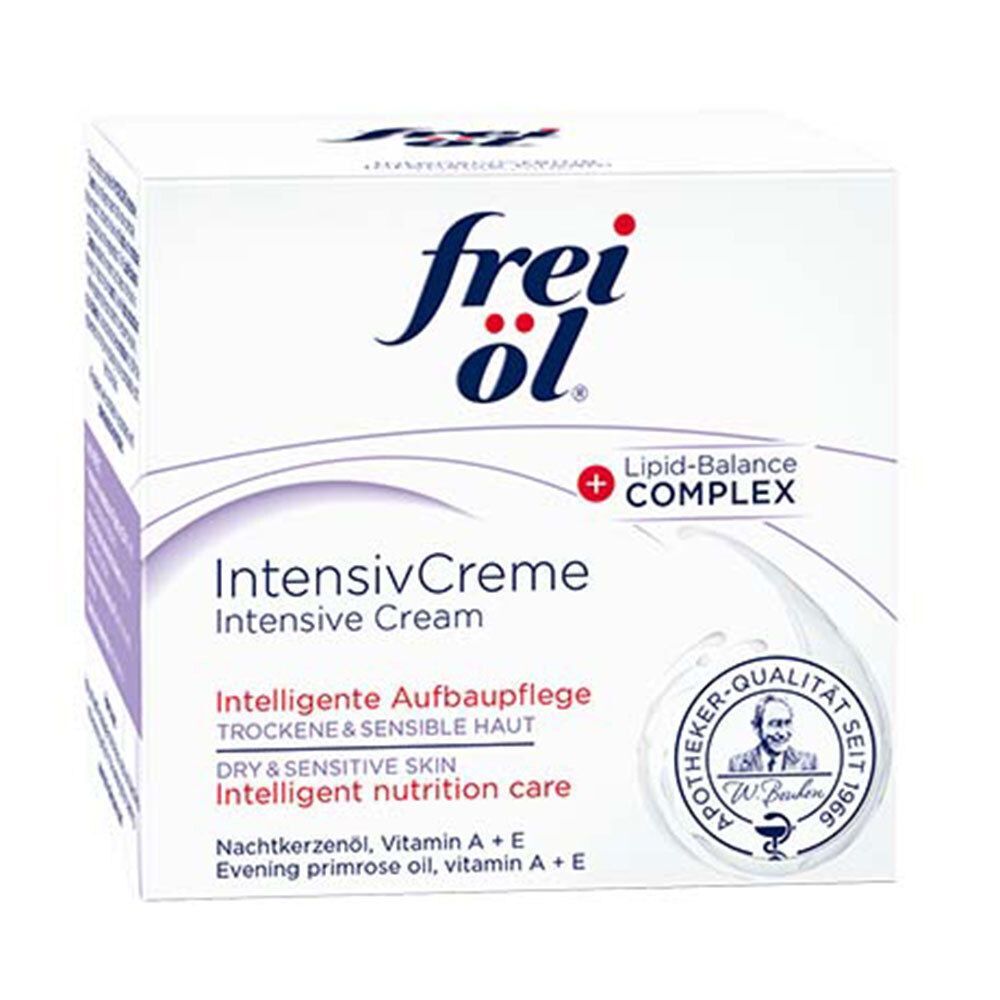 Weiße Verpackung mit Aufschrift: frei öl, IntensivCreme. Mit Apotheker-Qualitätssiegel.