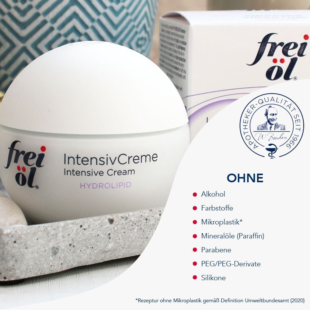 Weißer Tiegel mit Aufschrift: frei öl, IntensivCreme, HYDRO LIPID. Daneben Grafik und Liste: OHNE.
