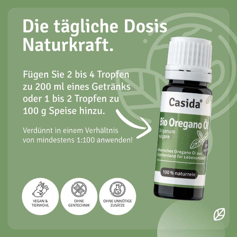 Casida Bio Oregano Öl. Empfehlung: 2-4 Tropfen in Getränk oder 1-2 Tropfen in Speise. Vegan.