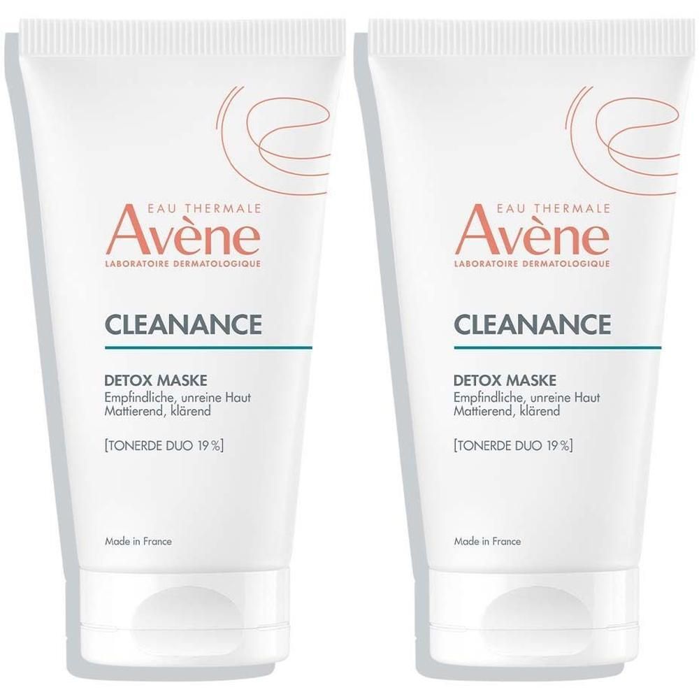 Zwei Tuben Avène Cleanance Detox-Maske. Weiße Tuben mit Logo, Produktnamen und Inhaltsangaben. Hergestellt in Frankreich.