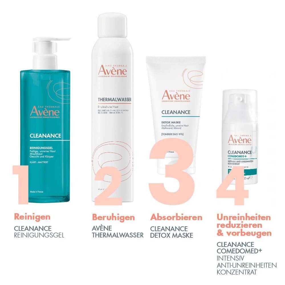 Vier Avène Cleanance Produkte: Reinigungs-Gel, Thermalwasser, Detox-Maske, Anti-Unreinheiten Konzentrat. Beschriftungen.