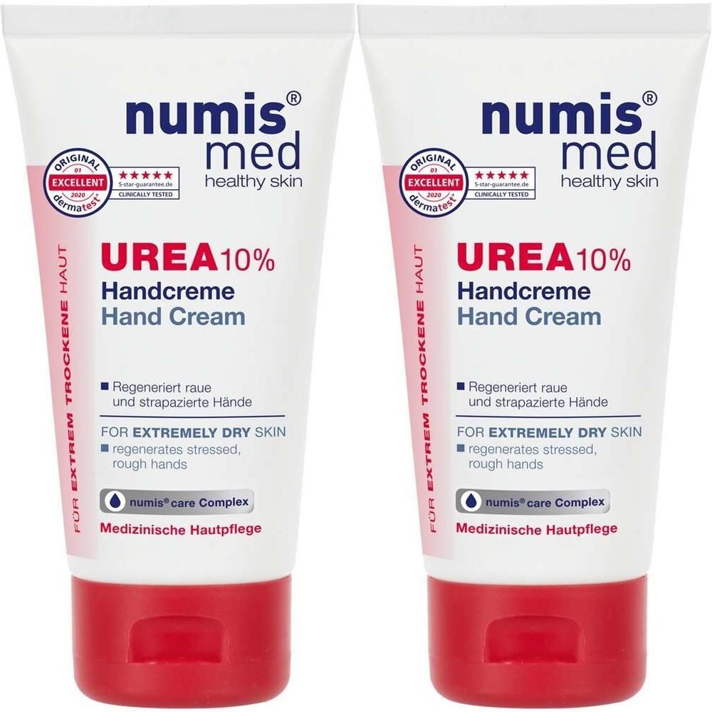 Zwei Tuben Handcreme. Aufschrift: numis med, Urea 10%, Hand Cream. Für extrem trockene Haut. Mit Dermatest-Siegel.