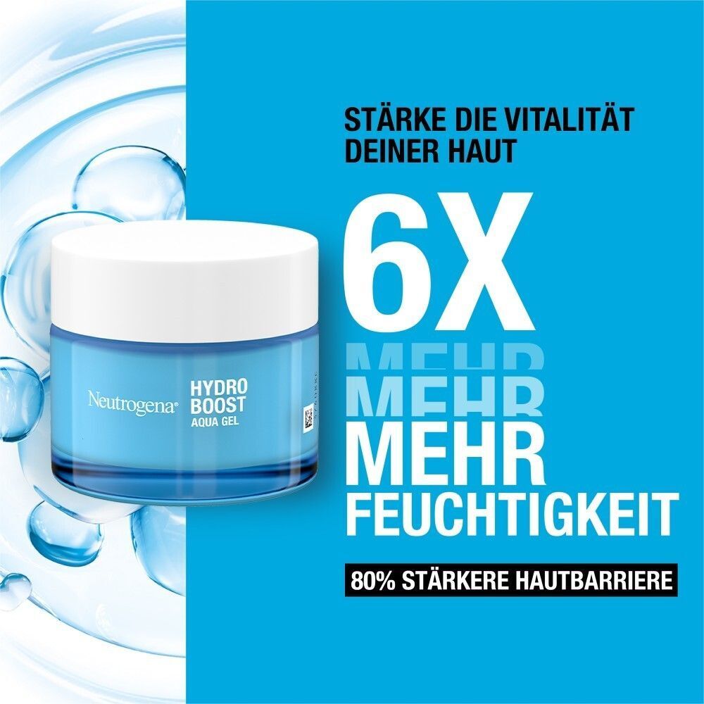 Blauer Hintergrund mit Produkt. Text: Stärke die Vitalität deiner Haut. 6X mehr Feuchtigkeit. 80% stärkere Hautbarriere.