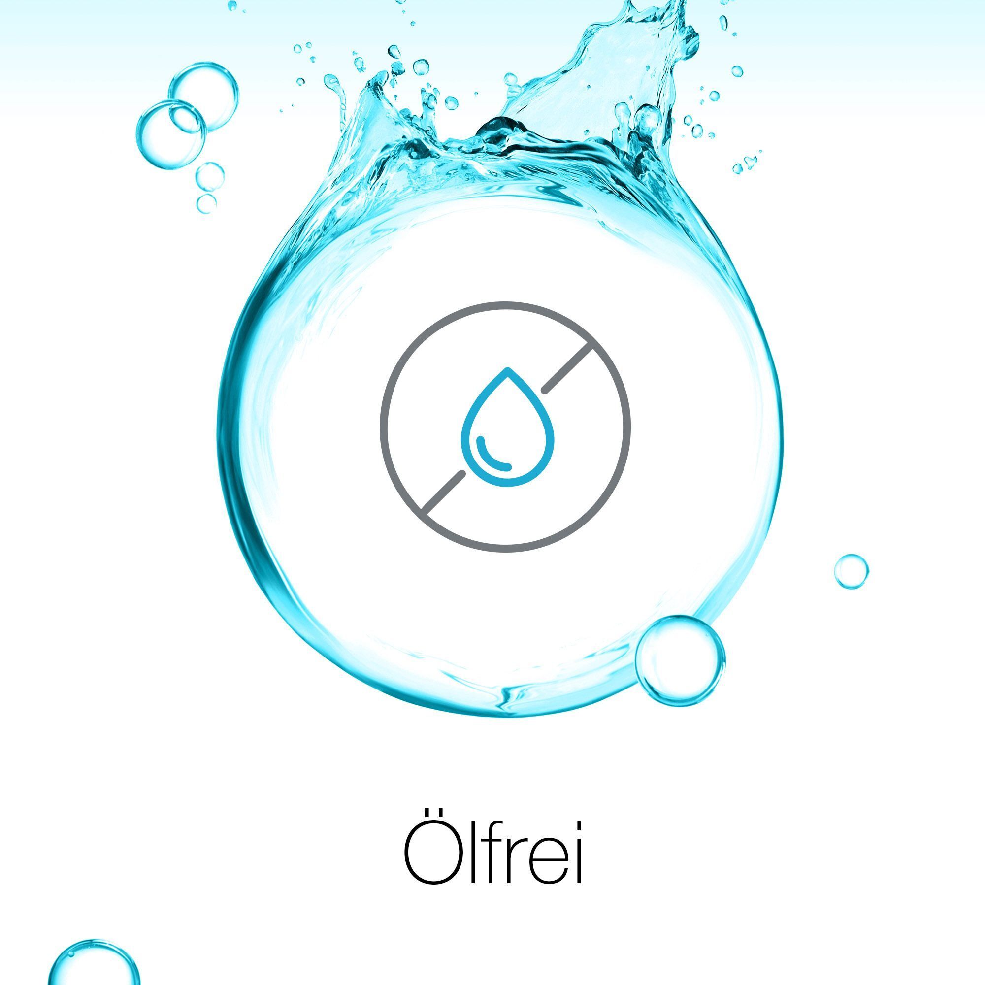 Symbol für ölfrei. Wasser Tropfen mit durchgestrichenem Kreis. Text: Ölfrei.