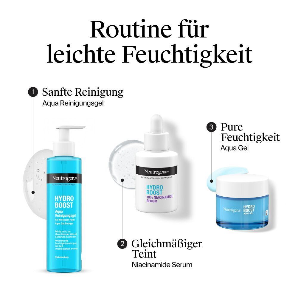 Drei Produkte. Text: Sanfte Reinigung, Gleichmäßiger Teint, Pure Feuchtigkeit. Neutrogena Produkte.