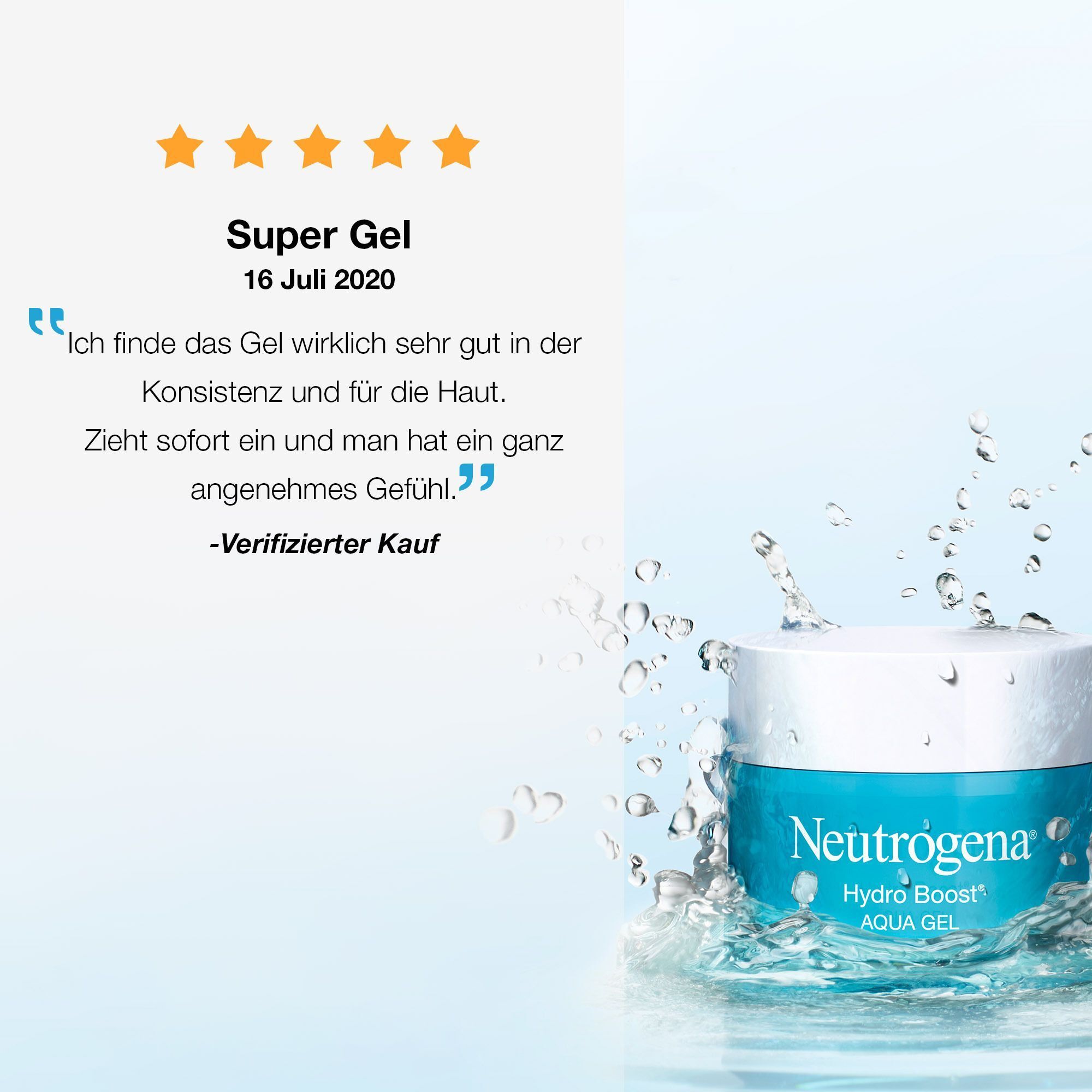 Produkt mit Wasser. Zitat: Ich finde das Gel wirklich sehr gut in der Konsistenz und für die Haut.