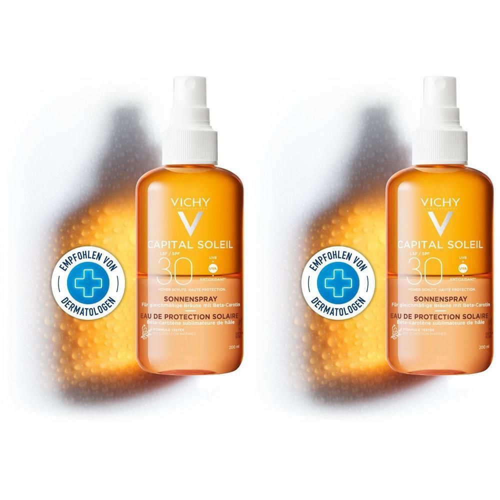 Zwei Flaschen VICHY CAPITAL SOLEIL Sonnenspray braun LSF 30. Aufschrift: Empfohlen von Dermatologen.