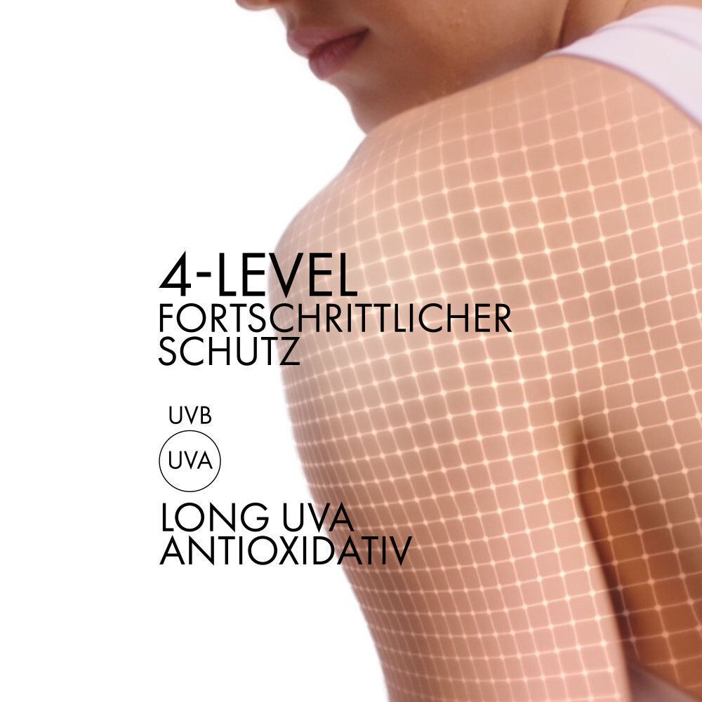 Schulter einer Person mit einem Raster. Text: 4-LEVEL FORTSCHRITTLICHER SCHUTZ. UVB, UVA, LONG UVA, ANTIOXIDATIV.