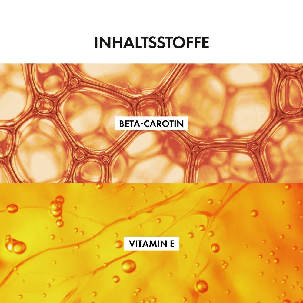 Nahaufnahme von Beta-Carotin und Vitamin E. Text: INHALTSSTOFFE.