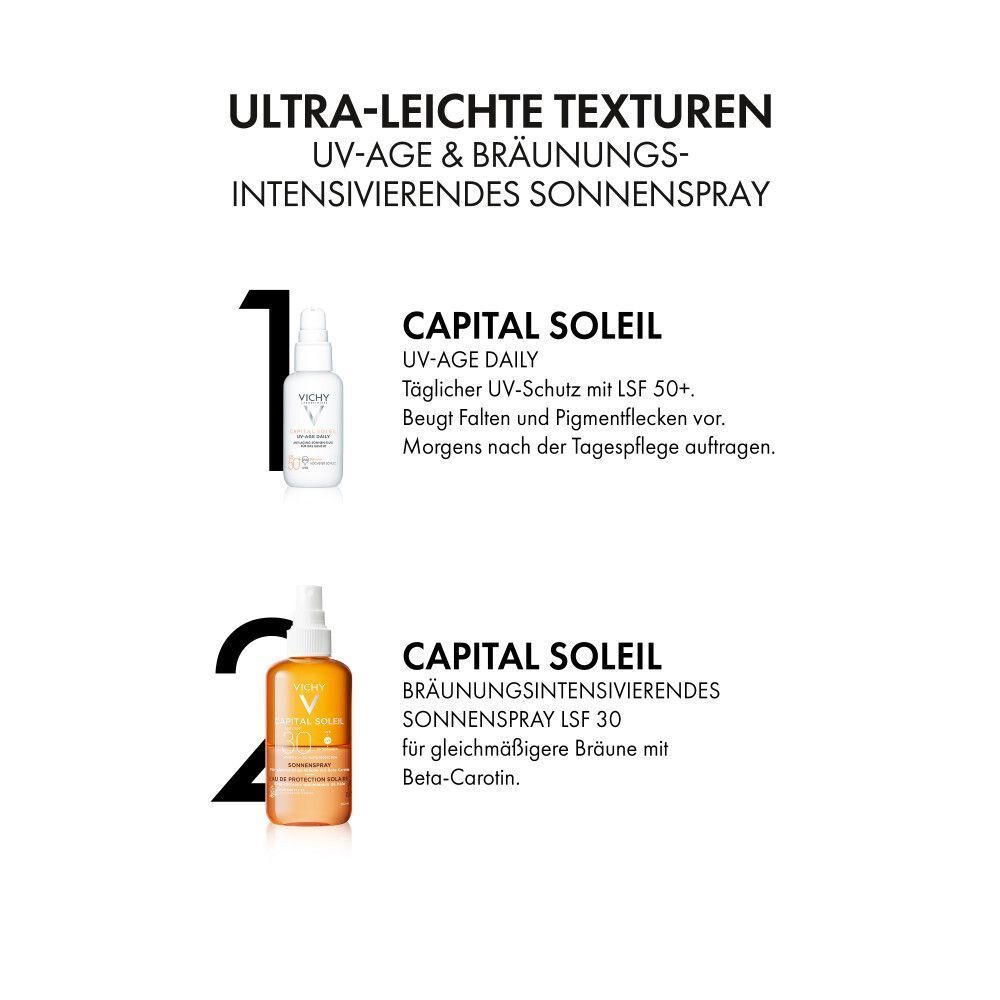 Zwei Produkte: VICHY CAPITAL SOLEIL UV-AGE DAILY LSF 50+ und Bräunungsintensivierendes Sonnenspray LSF 30.