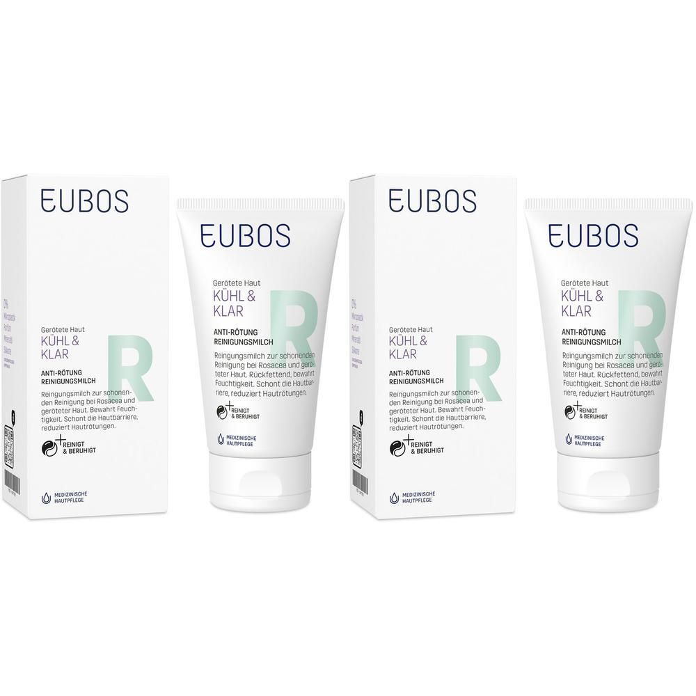 Mehrere Tuben und Verpackungen von EUBOS KÜHL & KLAR Anti-Rötung Reinigungsmilch. Weiße Tuben und Kartons mit grüner Schrift.