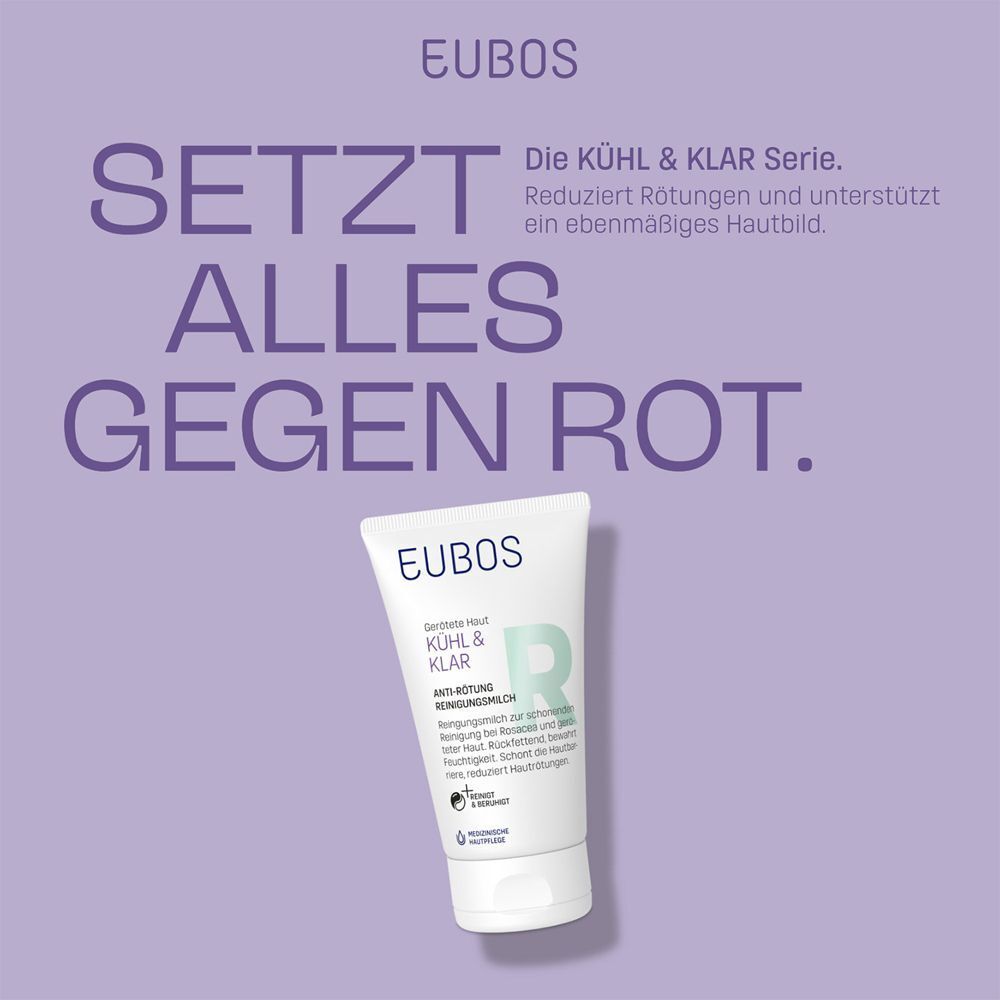 EUBOS KÜHL & KLAR Anti-Rötung Reinigungsmilch. Tube auf lila Hintergrund. Text: Reduziert Rötungen und unterstützt ein ebenmäßiges Hautbild.