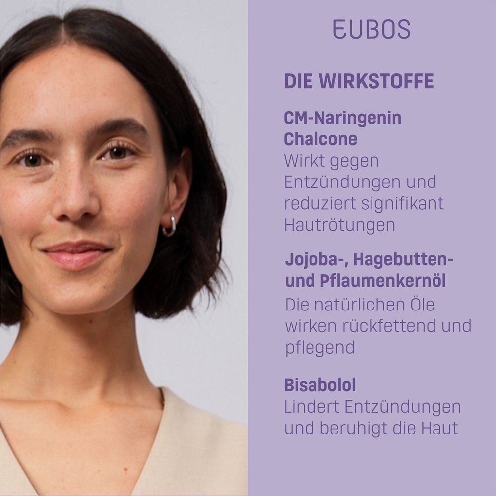 Porträt einer Frau. Text: Wirkstoffe CM-Naringenin, Chalcone, Jojoba-, Hagebutten- und Pflaumenkernöl, Bisabolol. Gegen Entzündungen.