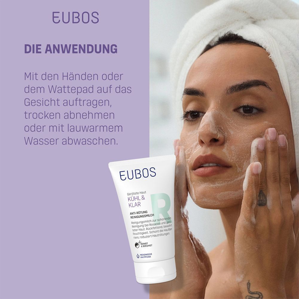 Frau wäscht Gesicht mit EUBOS KÜHL & KLAR Anti-Rötung Reinigungsmilch. Tube und Hände im Bild.