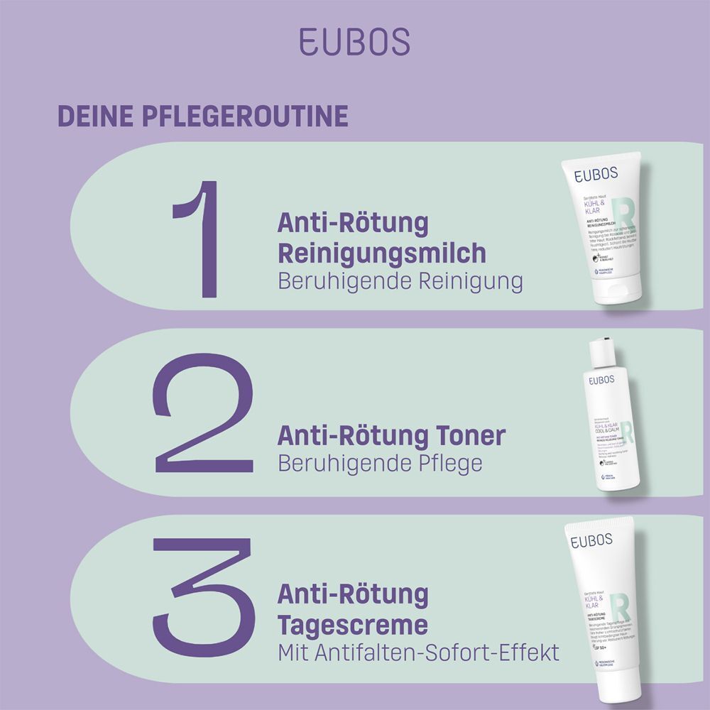Pflegeroutine mit EUBOS Produkten. Anti-Rötung Reinigungsmilch, Toner und Tagescreme.
