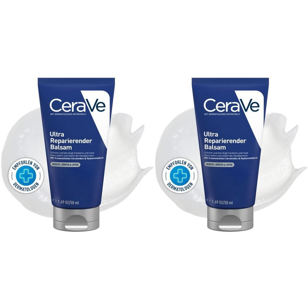 Zwei Tuben CeraVe Ultra Reparierender Balsam. Blaue Tuben mit weißem Logo und Text. Dermatologisch getestet.