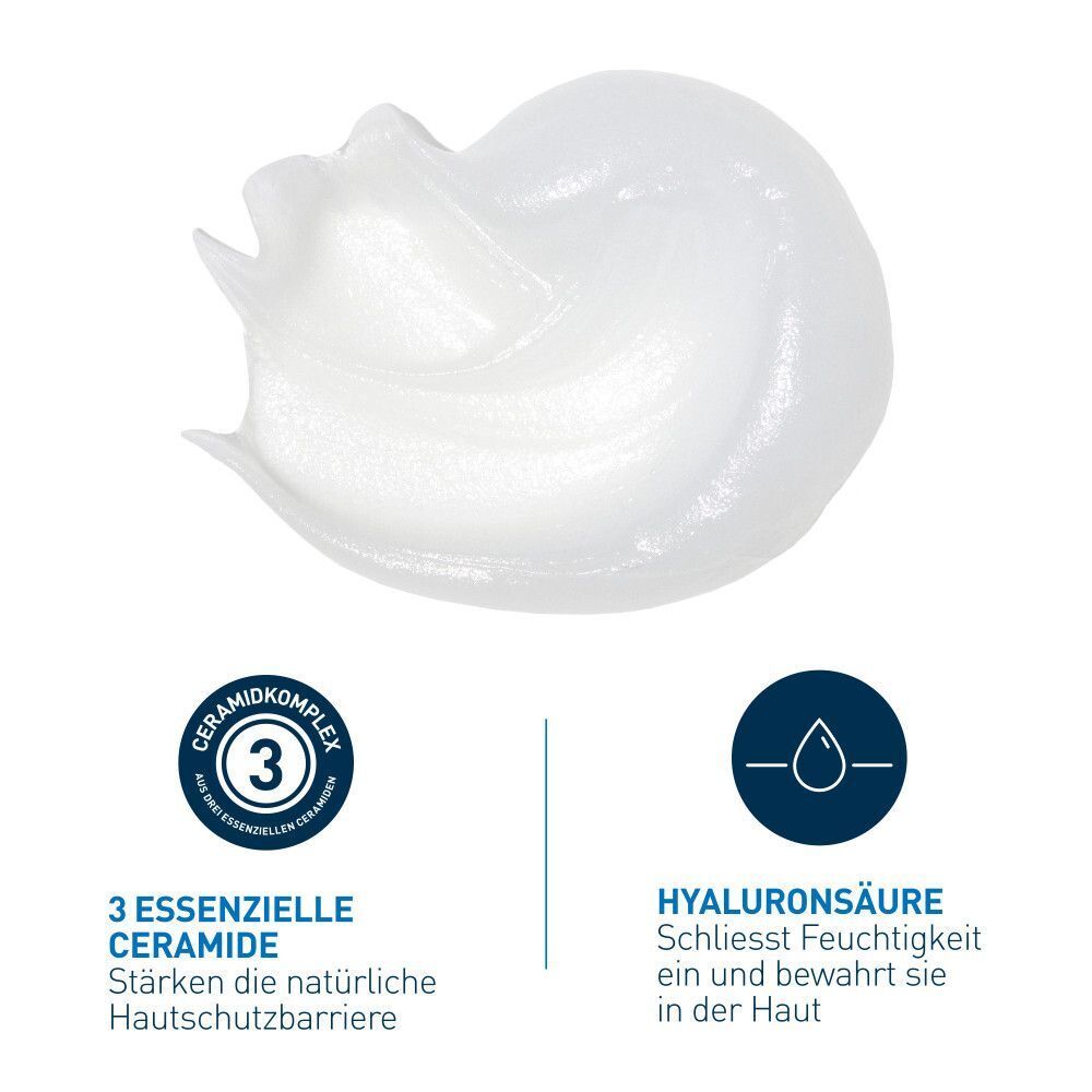 Nahaufnahme einer Creme. Text: 3 essenzielle Ceramide, Hyaluronsäure. Stärkt die Hautschutzbarriere, schließt Feuchtigkeit ein.