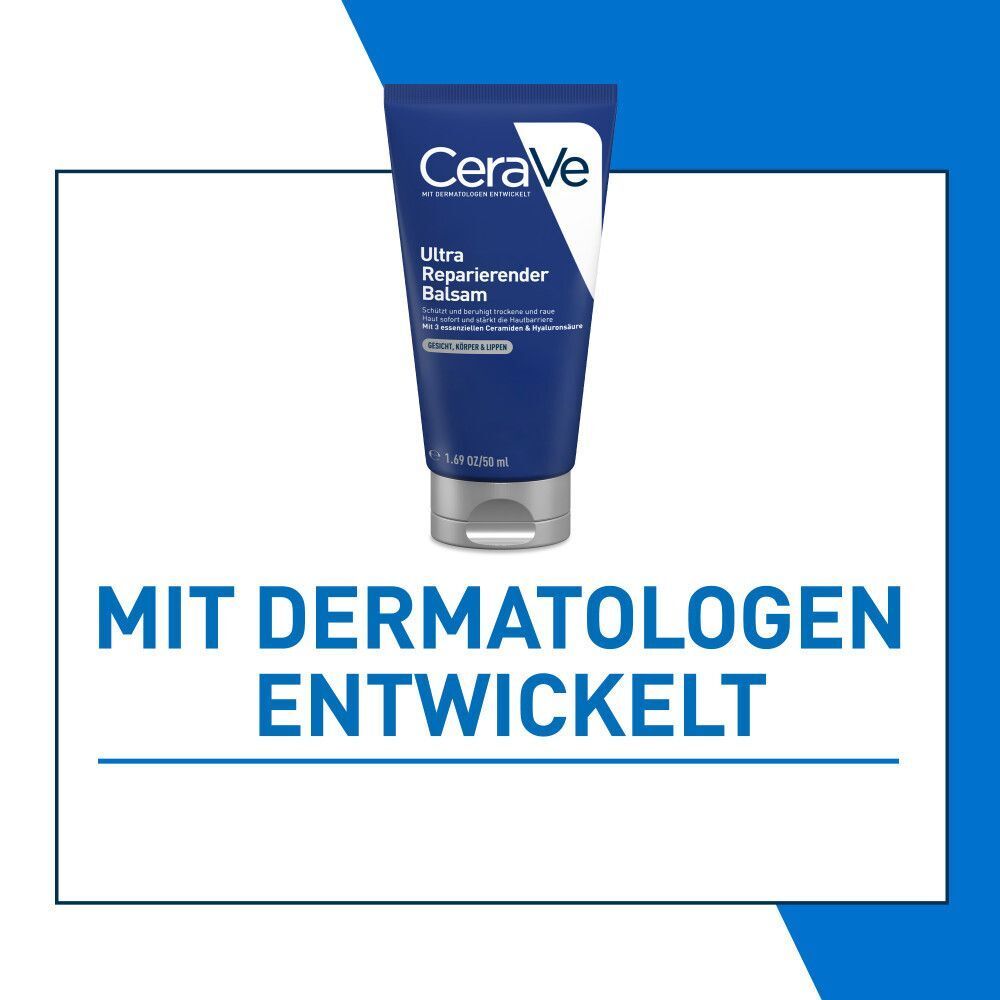 Tube CeraVe Ultra Reparierender Balsam. Blaue Tube mit weißem Logo und Text. Entwickelt mit Dermatologen.