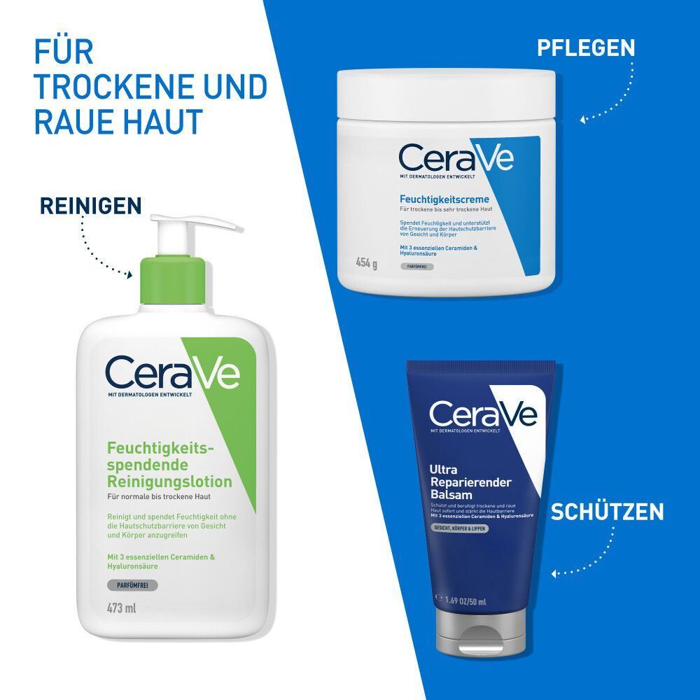 CeraVe Produkte: Feuchtigkeitsspendende Reinigungslotion, Feuchtigkeitscreme, Ultra Reparierender Balsam. Für trockene Haut.