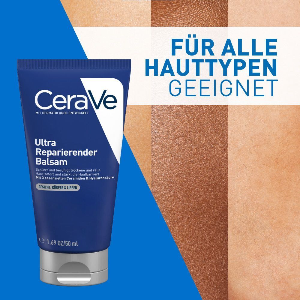 Tube CeraVe Ultra Reparierender Balsam. Blaue Tube mit weißem Logo und Text. Für alle Hauttypen geeignet.
