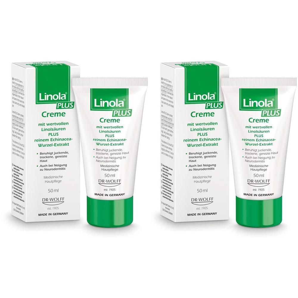 Zwei Tuben und zwei Schachteln LINOLA plus Creme. Weiße Tuben mit grünem Verschluss. Grüne und weiße Schachteln mit Produktinformationen.
