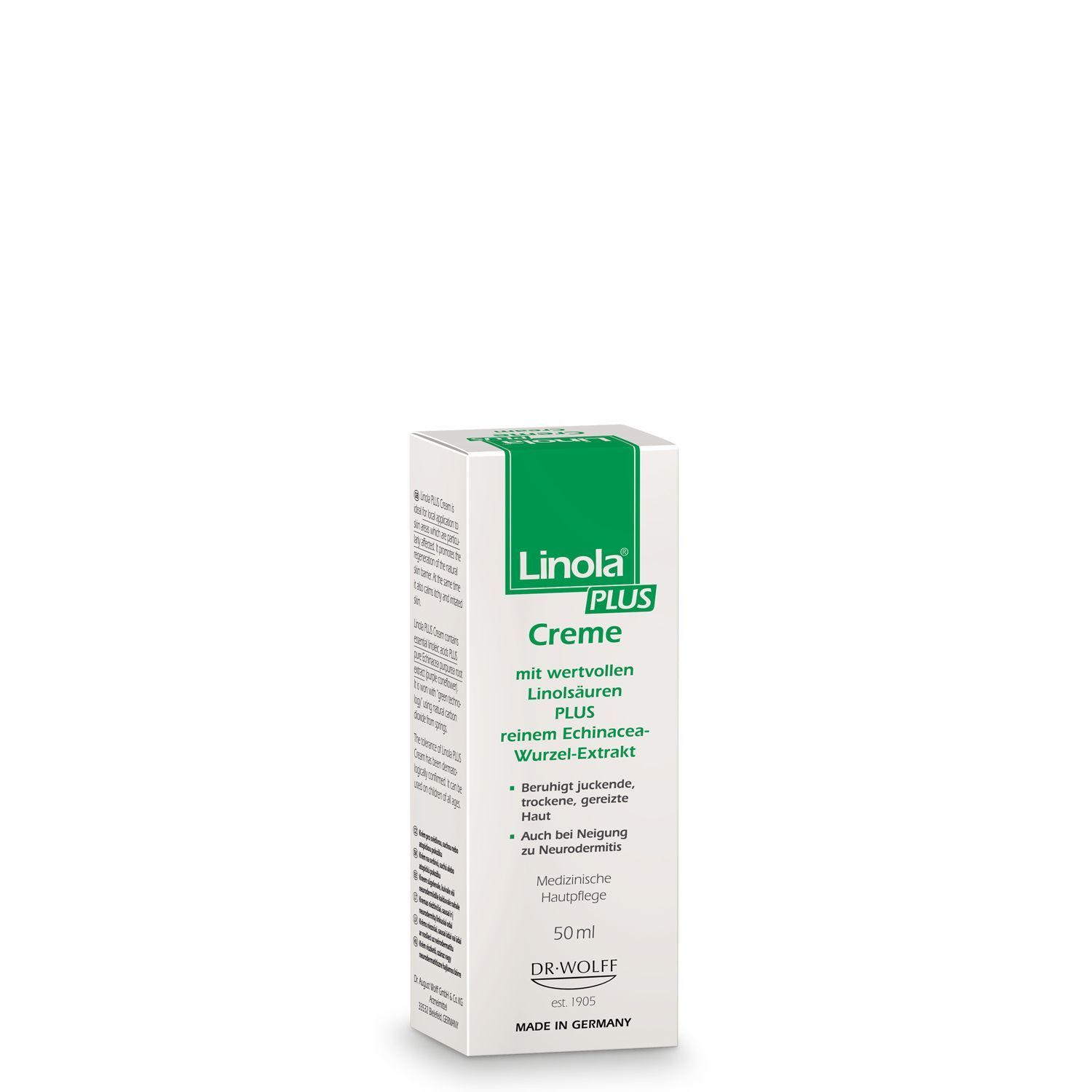 Eine Schachtel LINOLA plus Creme. Weiße Schachtel mit grünen Akzenten und Produktinformationen. Aufschrift: LINOLA PLUS Creme.