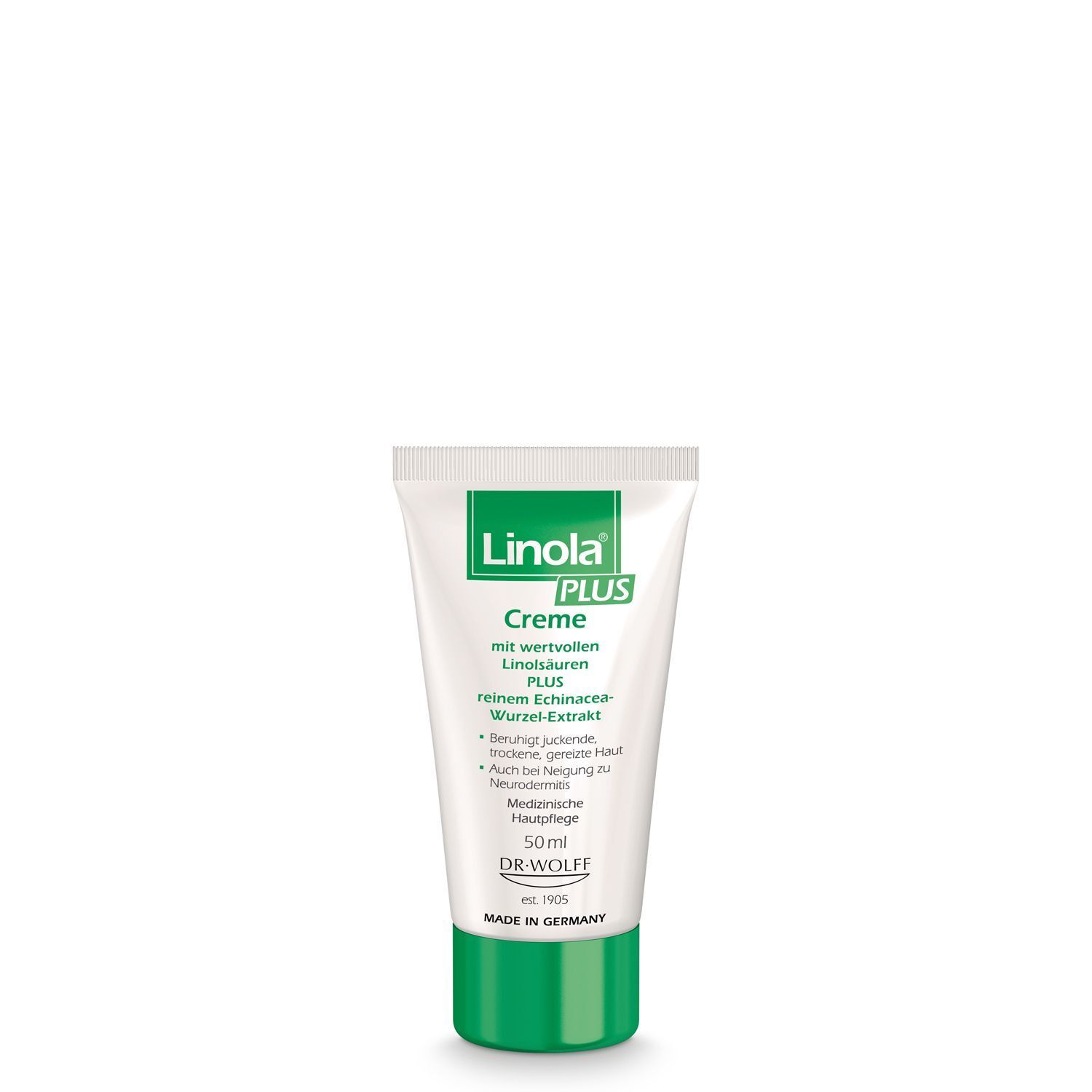 Eine Tube LINOLA plus Creme. Weiße Tube mit grünem Verschluss. Aufschrift: LINOLA PLUS Creme. Produktinformationen.