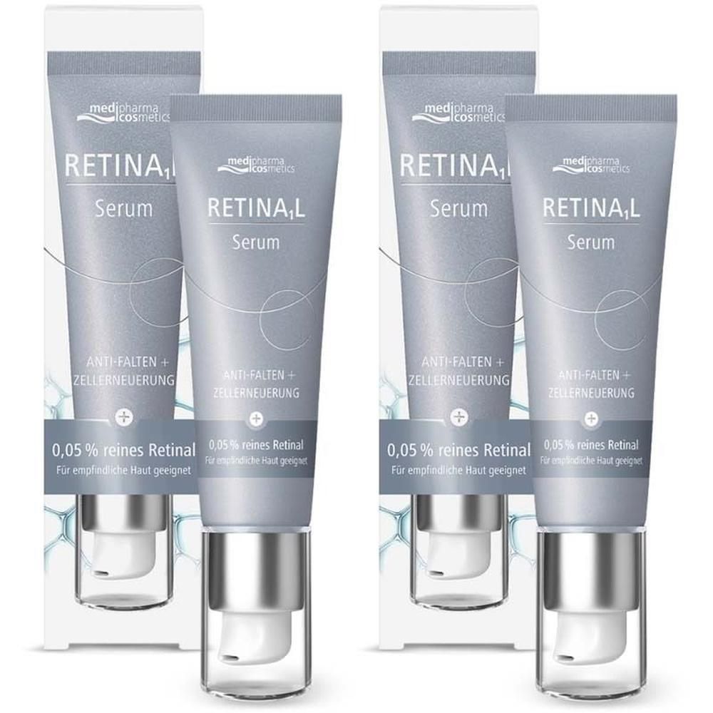 Zwei Tuben MEDIPHARMA cosmetics Retinal Serum 2x, in Verpackung. Graue Tube mit weißem Deckel. Text: RETINA,L Serum, Anti-Falten + Zellerneuerung.