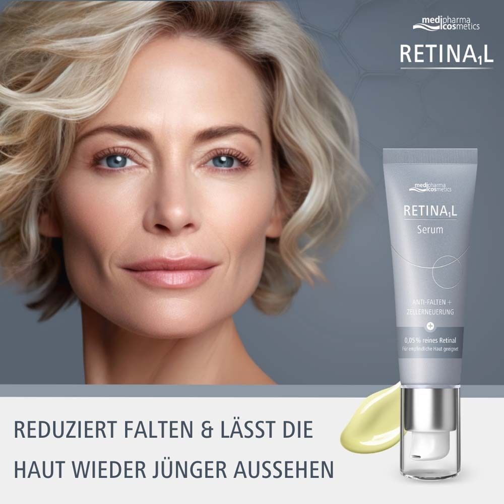Frau mit hellem Teint. Neben ihr eine Tube MEDIPHARMA cosmetics Retinal Serum. Text: RETINA,L Serum, Anti-Falten + Zellerneuerung. Gelbe Serum-Probe.