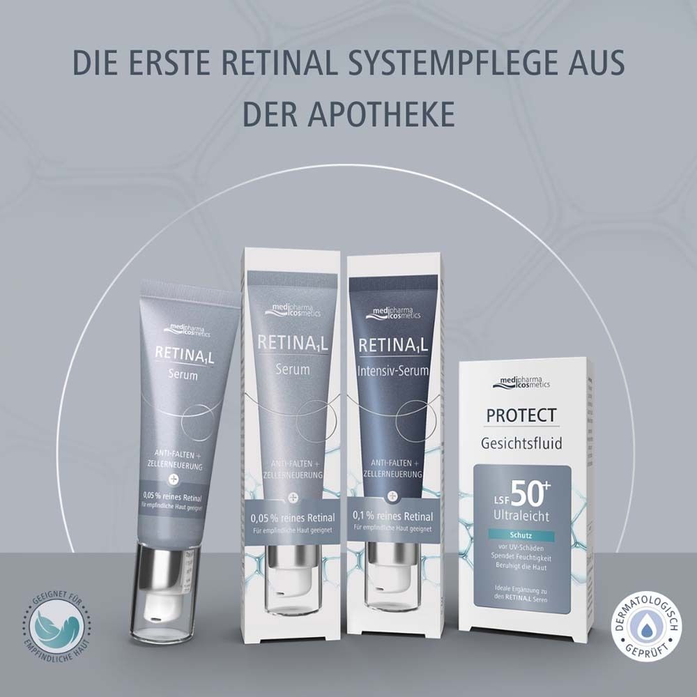 Drei Produkte: MEDIPHARMA cosmetics Retinal Serum 0,05%, Retinal Serum 0,1% und PROTECT Gesichtslotion LSF 50+. Verpackung mit Text.