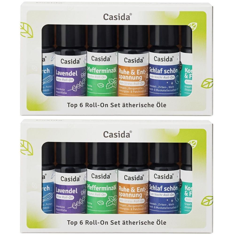 Zwei Sets mit je sechs Roll-On-Flaschen in einer weißen Verpackung. Auf jeder Flasche steht "Casida".