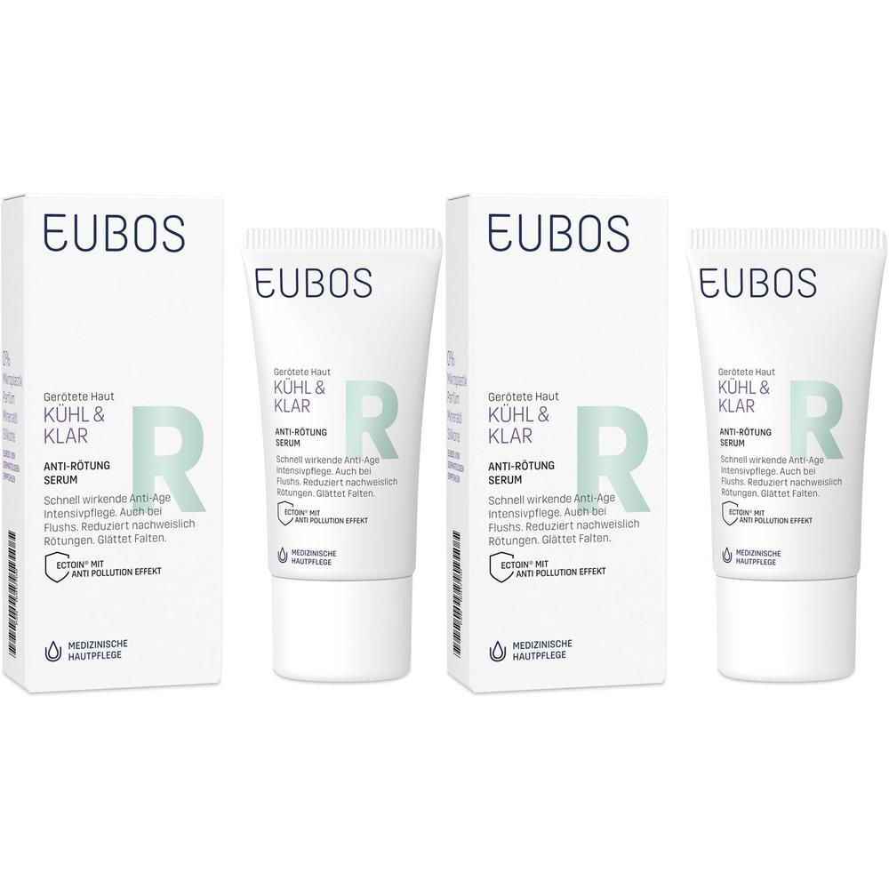 EUBOS KÜHL & KLAR Anti-Rötung Serum. Vier Tuben und Verpackungen. Weiß, mit grünen Akzenten. Medizinische Hautpflege.
