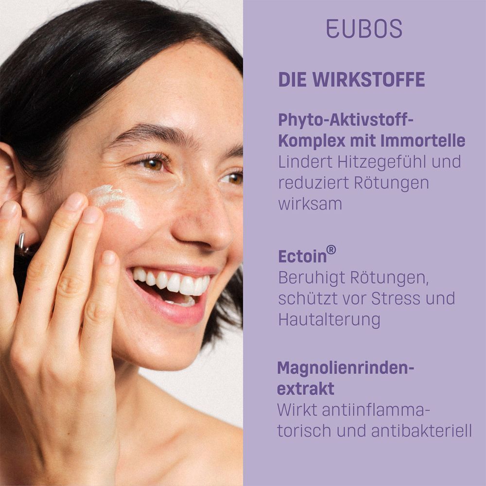 Frau trägt Serum auf. Text: Wirkstoffe. Phyto-Aktivstoff-Komplex mit Immortelle. Ectoin. Magnolienrindenextrakt.