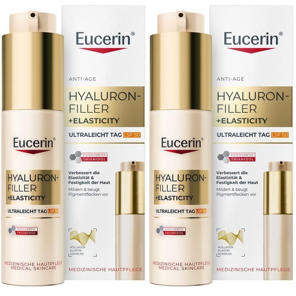 Zwei Eucerin Hyaluron-Filler + Elasticity Ultraleicht Tag LSF 50 Tagescreme Spender.