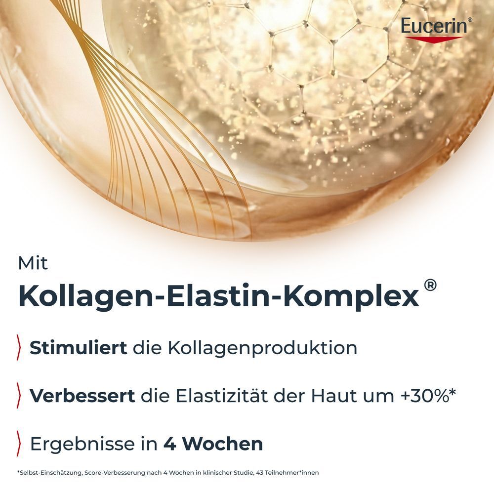 Eucerin Hyaluron-Filler + Elasticity: Kollagen-Elastin-Komplex stimuliert Kollagenproduktion.