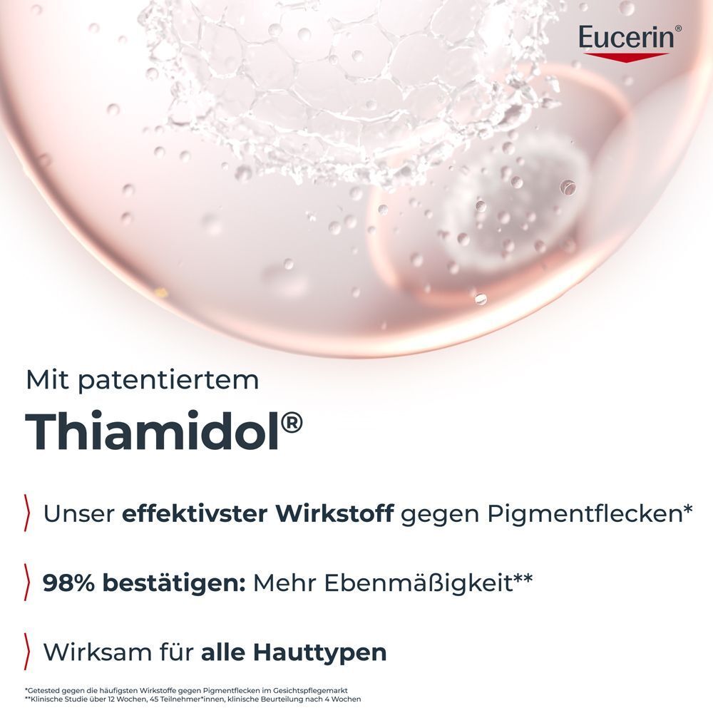 Eucerin Hyaluron-Filler + Elasticity mit patentiertem Thiamidol gegen Pigmentflecken.