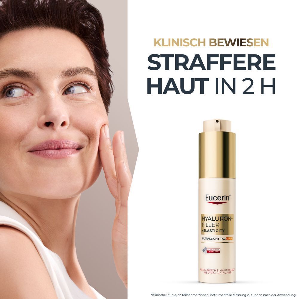 Frau mit strafferer Haut nach Anwendung von Eucerin Hyaluron-Filler + Elasticity.