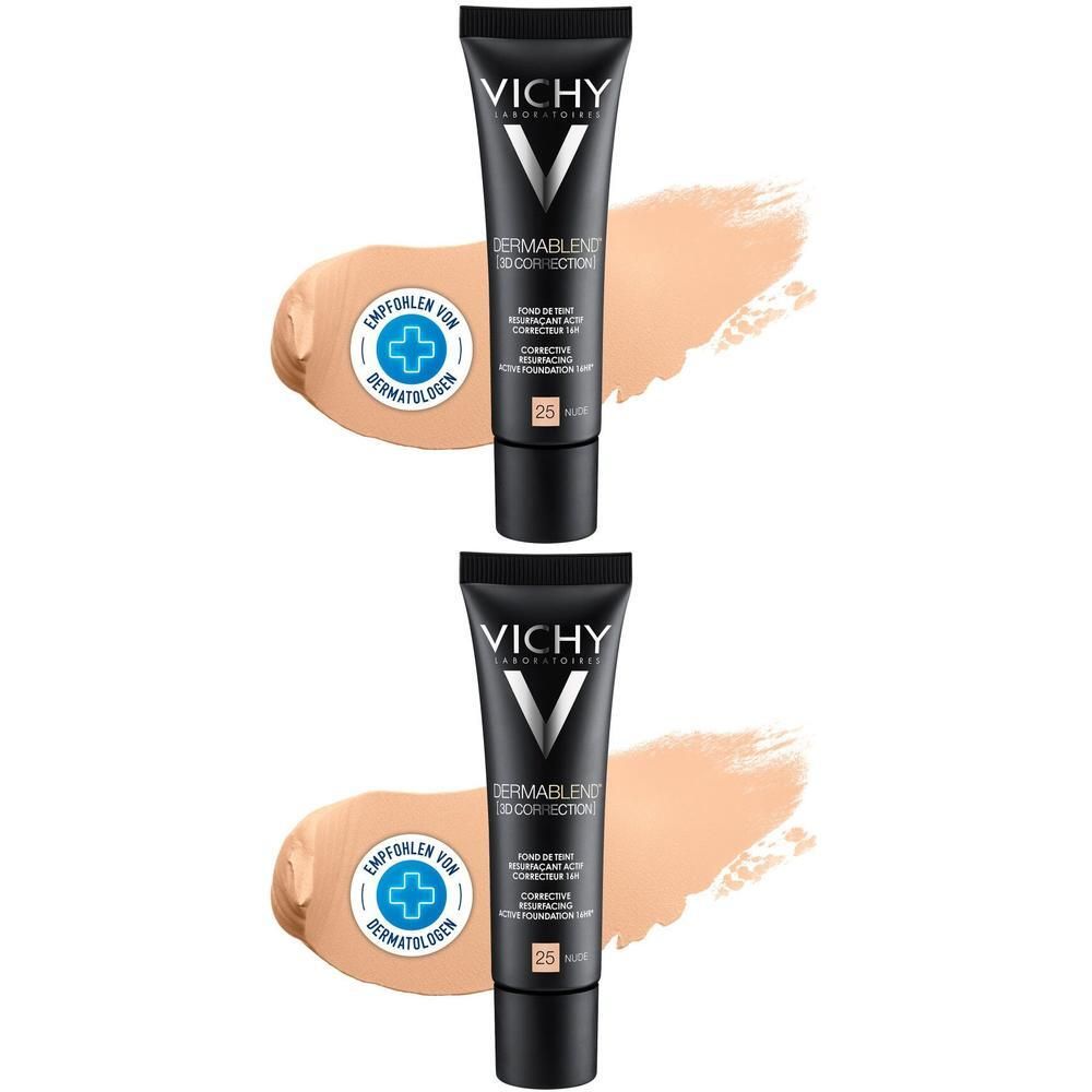 Zwei Tuben VICHY DERMABLEND 3D Make-up 25. Schwarze Tuben mit Produkt und Farbklecks. Aufschrift: DERMATOLOGISCH GETESTET.